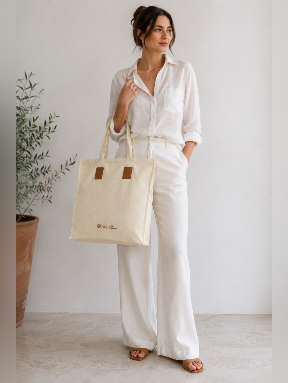 Loro Piana Large Canvas Tote Bag – Beige | Zip Closure | Original Box Included